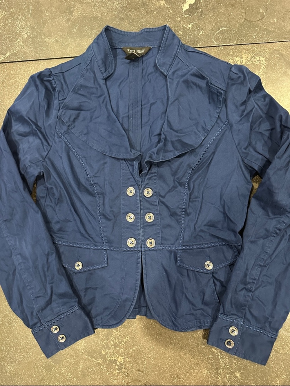 White House Black Market Navy Blue Ruffled Button Blazer
